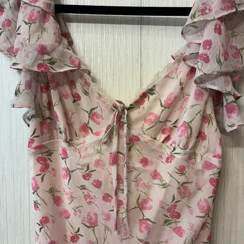 Lush Clothing LUSH Pink Floral Ruffle Milkmaid Midi Dress Cottagecore Coquette Romantic S