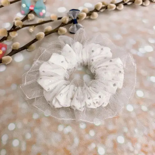 White And Silver Metallic Squares Studs Double Layered Tutu Scrunchie