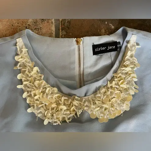 Sister Jane Sequin & Pearl Collar Tulle Sleeve Blue Crop Top Size S