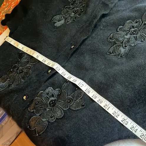 Vintage FA fashion korea cardigan Sweater Angora with Embroidered floral Details Black Size XL