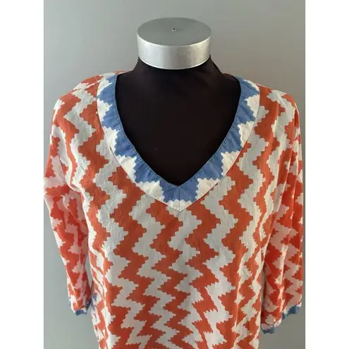 Gretchen Scott Tunic Top Sz XL Orange White Chevron Bright Tropical Cotton