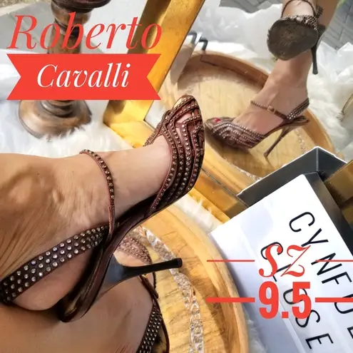 Roberto Cavalli strappy open toe studded stilleto heels sandals sz IT 39.5=US9.5
