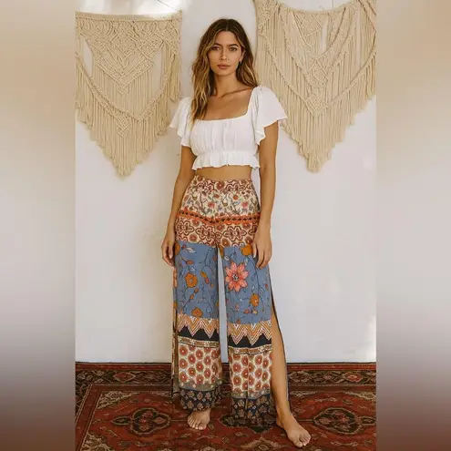 Raga Wide Leg Pants XS Boho Floral High Waist Split Leg Festival Chic Beachy