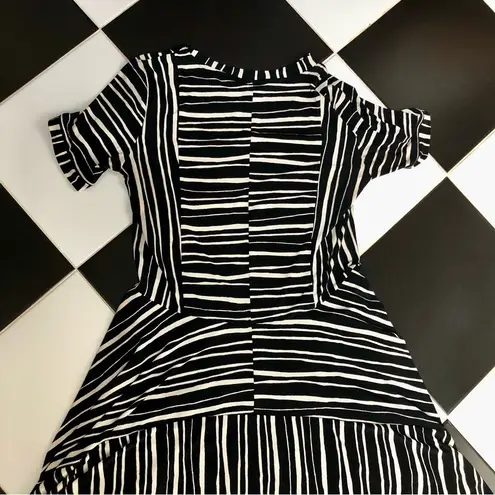 DKNY Striped Fit & Flare Midi Dress Asymmetrical Handkerchief Hem Black White M