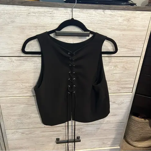 Miami  Black Sleeveless Blouse – Size Medium – Lace-Up Back, High Neck