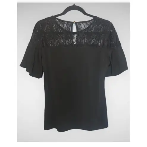 Adrianna Papell  Black Short Bubble Sleeve Lace Top Keyhole Business Casual Top M