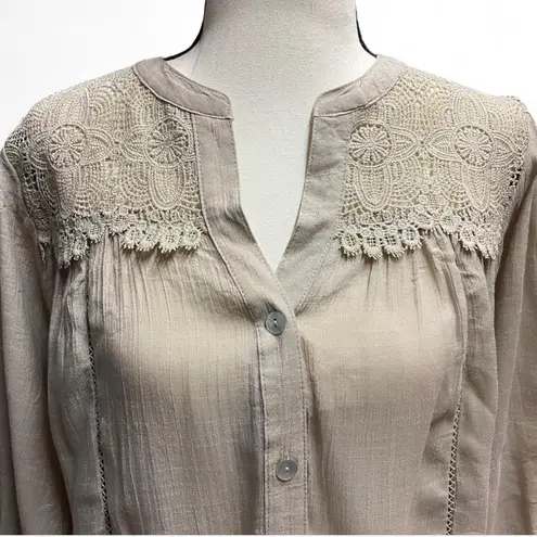 Cream Ruffled 3/4 Sleeve Bib Collar Blouse Tan