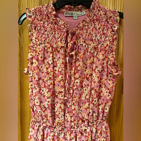 Gypsies & Moondust Pink Floral Smocked Bodice Ruffled Tiered Mini Dress Size XS - Image 4
