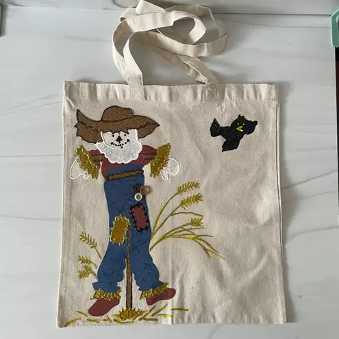 Handmade Vintage Halloween Scarecrow and Black Crow Tote Bag