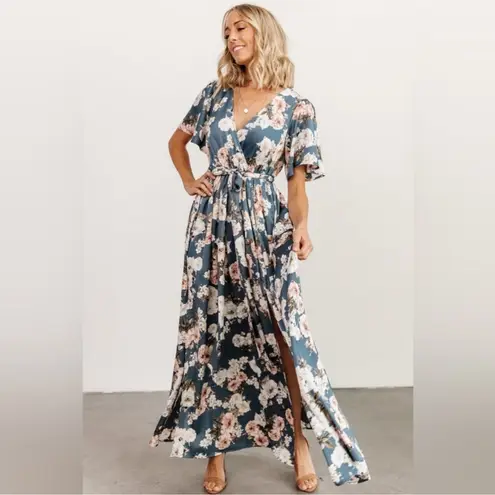 Baltic Born NEW Sicily Satin Short Sleeve Maxi Dress Floral Blue Large L NWT
