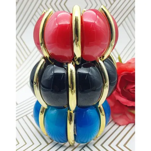 Lot of 3 Acrylic Statement Bracelets Stretch Wide Gold Tone Trim Blue Black Red