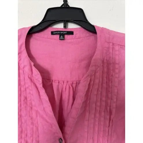 Chaus Sport Top Linen women’s S Pink Roll Tab Sleeves Button up Pin Tuck Blouse