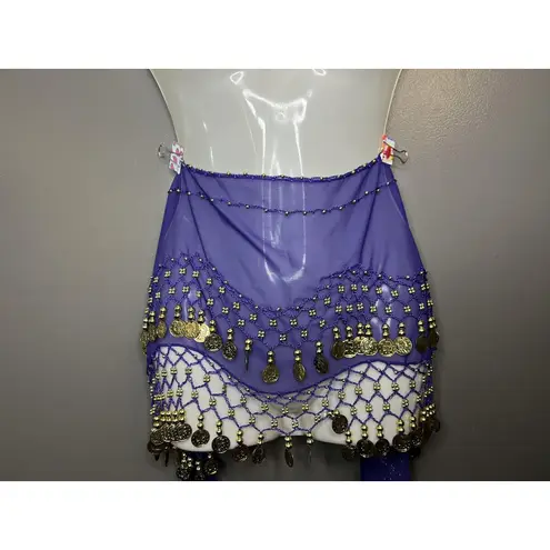 Belly Dance Hip Scarf Womens One Size Purple Chiffon Gold Coin Fringe Shawl