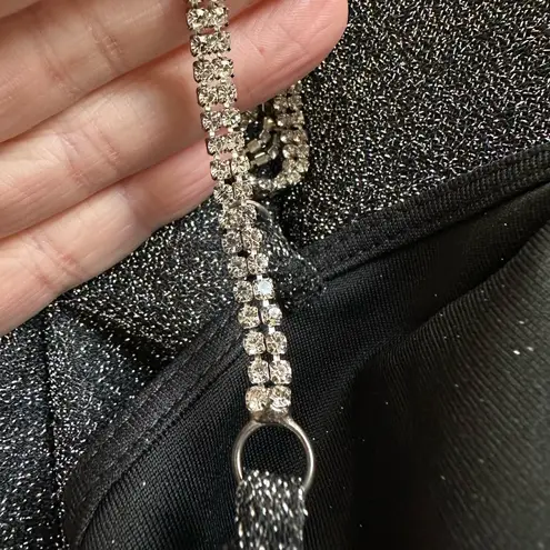 Love j Sparkly Silver Black Bodysuit Rhinestone Strap Long Sleeve Glam Going Out NYE