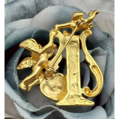 Vintage Gold Tone Harp Brooch Pin Cupid Angels Rhinestone Heart 1.75"