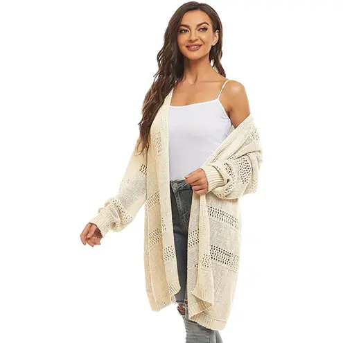 Hollow Out Open Front Knit Long Oversized Cardigan Sweater Outerwear Beige S Tan