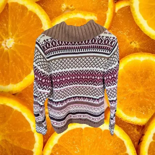 Tan Maroon and White Full Zipper Geometric Design Sweater Size L