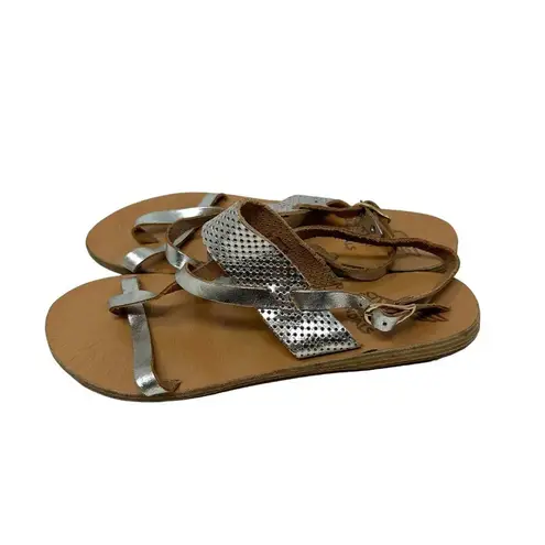 Ancient Greek Sandals Lasercut Flat Leather Sandals Silver Size 38 US 8