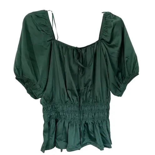 Flower & Feather Dark Green Silk Puff Sleeve Peplum Blouse Size Large
