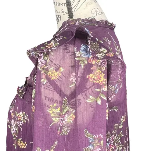 Fortune + Ivy PETITE SMALL Metallic Ruffle Tie Neck Sheer Arm Long Sleeve Blouse