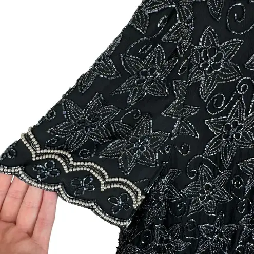 Papell Boutique Evening Vintage Black Floral Beaded Short Sleeve Silk Blouse XL