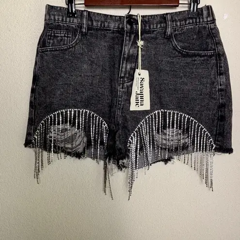 NWT Savanna Jane Black Distressed Denim Rhinestone Fringe High Rise Shorts L Size L