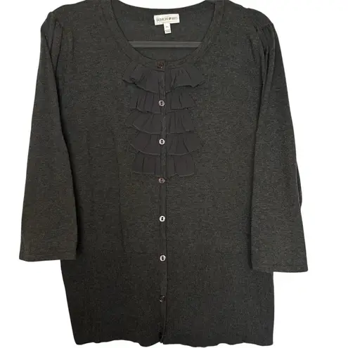 Fashion Bug Women's XL Charcoal Gray Sweater Button Up 3/4 Sleeve Ruffle front