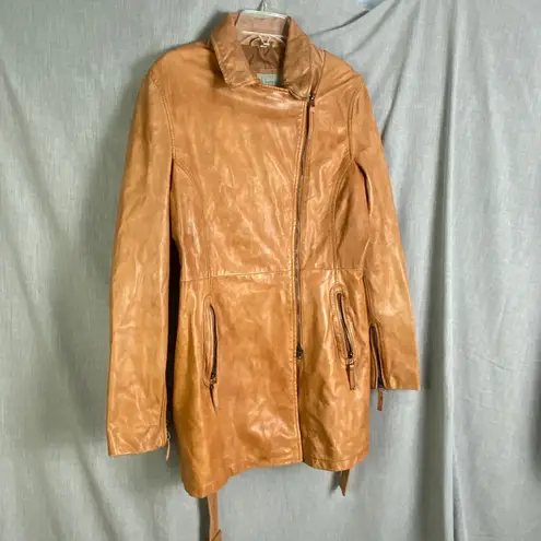 Bod Christensen 100% Leather Tan Caramel Moto Coat Belted Asymmetrical L Brown Size L