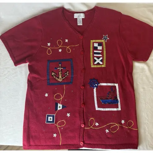 Susan Graver Novelty 4th of July Red White & Blue Nautical Short Sleeve Knit Cardigan Beach L