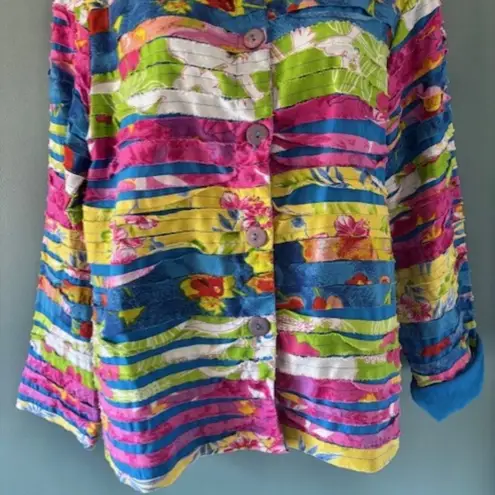 Keren Hart M Button Jacket Floral Bright Pattern Bold Artsy Pink Blue Textured Size M