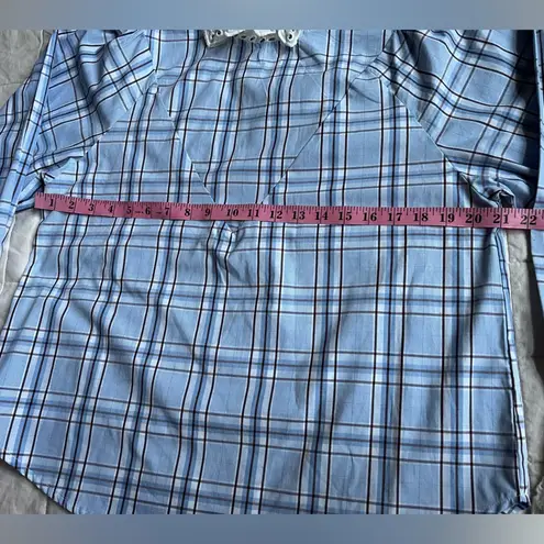 English Factory White Eyelet Ruffle Blue Plaid Poplin Long Sleeve Blouse - Small