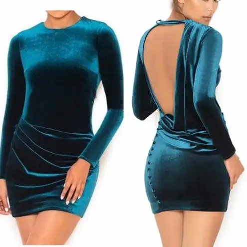 House Of CB  Maroush Velvet Teal Backless Mini Longsleeve Dress Womens Size Large