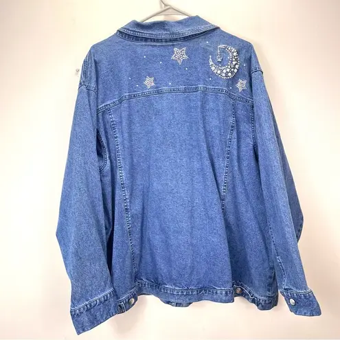 Quacker Factory  Denim Rhinestone Beaded Moon Stars Celestial Jean Jacket Size 3X