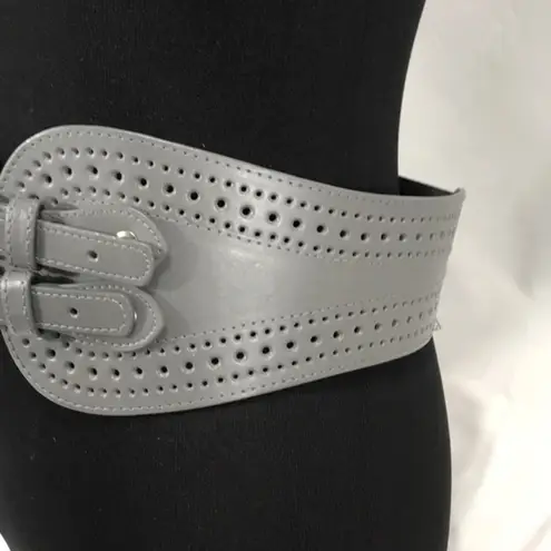 Faux Leather Stretch Double Buckle Belt, Gray, M/L