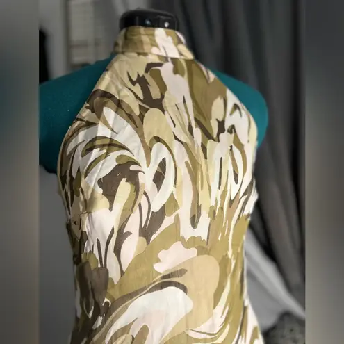 “Chic halter neck dress with a stunning abstract pattern in earthy tones. Tan Size 4