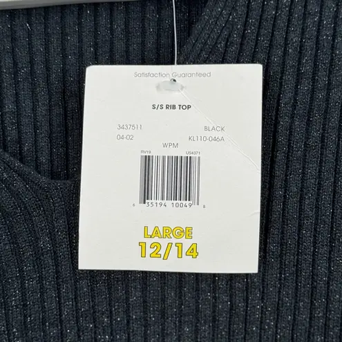 Kathie Lee Collection Knit Top Black Short Sleeve Ribbed V Neck Metallic Large