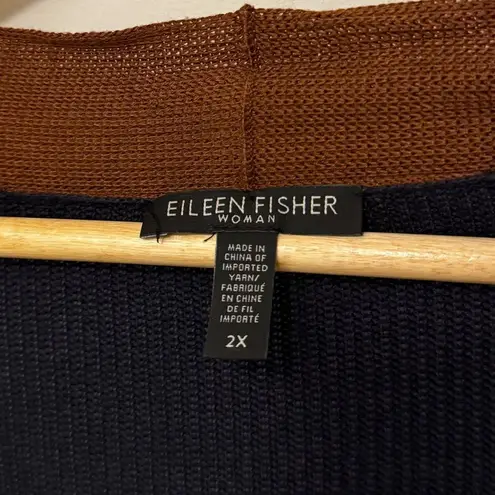Eileen Fisher  Long Open Cardigan Size 2X Tencel Lyocell Silk Navy Blue Brown