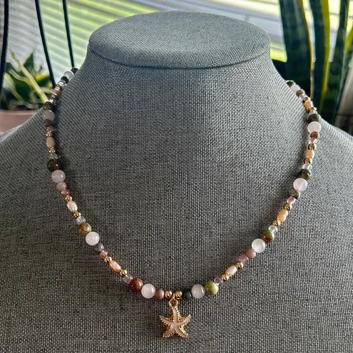 Handmade Freshwater Pearl + Rose Quartz + Unakite + Jasper Beaded Necklace