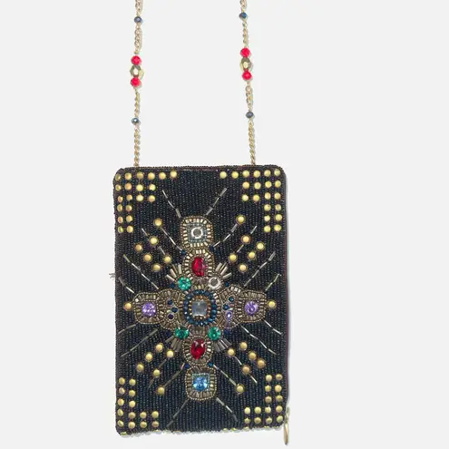 Mary Frances Brown Gold Beaded Cross Phone Bag Handbag Purse Crossbody Clutch