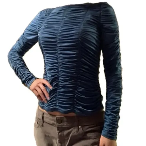 NWOT La Rambla Women's Evening All Over Ruched Silky Long Sleeve Fitted Top L Blue Size L