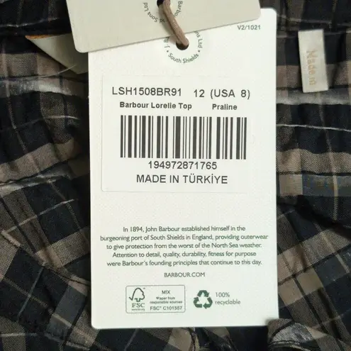 Barbour Lorelie Top Praline Plaid V-neck Seersucker Puff Sleeves 8 New