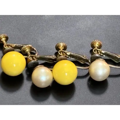 2 Vtg Clip On Screw Back Earrings Set Yellow & Faux Pearl Ball Design