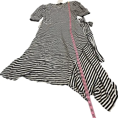 Karl Lagerfeld Paris Belted Striped Pouf Sleeve Round Neck Midi Fit Flare Dress