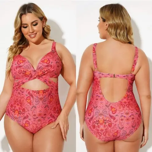 One Piece Meet.Curve Floral Swimsuit Swimsuit XL Pink New