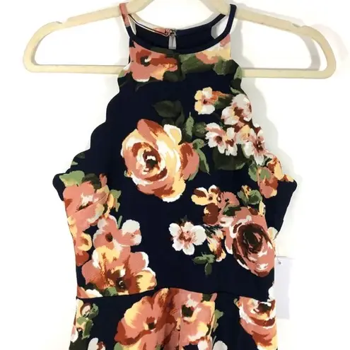Fifty Street New Scalloped Floral Dress Halter Sleeveless Skater Mini Navy Multi