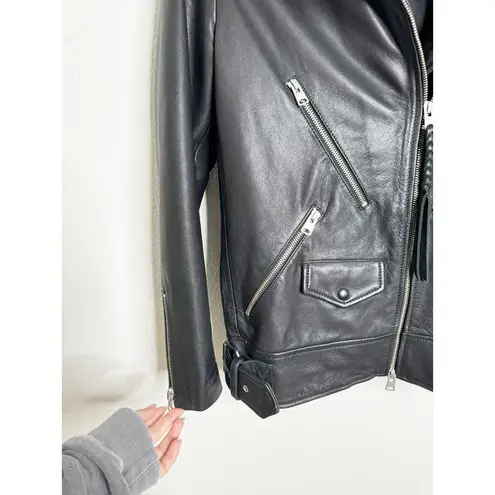 All Saints Sherwood Leather Biker Jacket with Fur Collar in Black Size Small