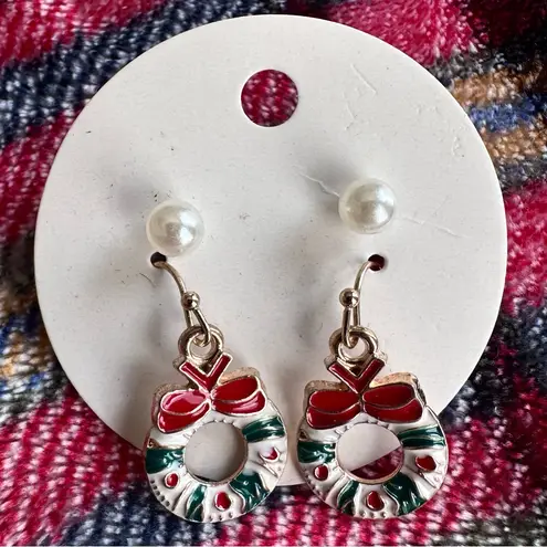 Festive Red and Green Holiday Earrings Set Santa Bell Wreath Pearl Dots