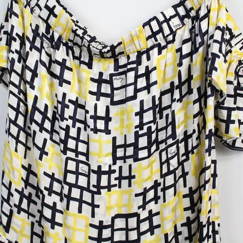 Milly  Black White Yellow 100% Silk Off Shoulder Drop Waist Dress Medium USA Y2K