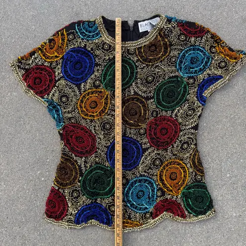 Oleg Cassini Vintage Black Tie Bead Swirl Dot Gold Primary Color Blouse MEDIUM