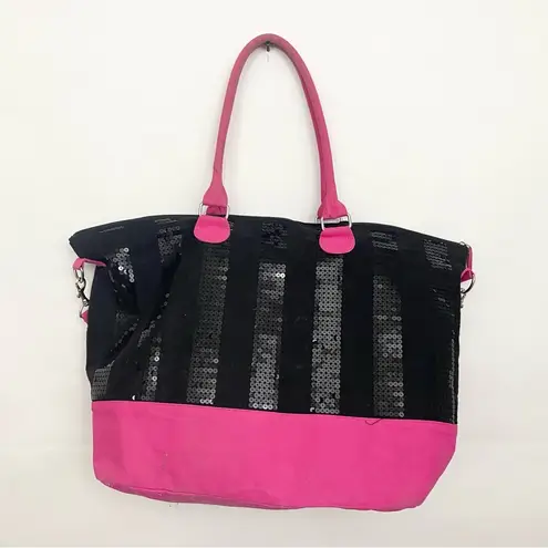 Victoria's Secret Victoria’s Secret sequin bling pink and black large tote weekender bag